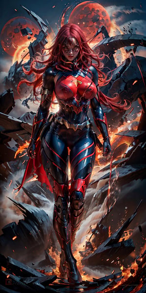 8k, Ultra detailed , solo female, full body, supergirl suit, long flowing crimson hair, huge breast, red eyes, glowing eyes, volcano eruption, blood moon, mecha, More Detail