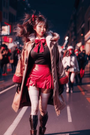 Gorgeous korean woman, walking, huge breasts, red crop coat with white fur, green bow, red short skirt with white fur, solo, white stockings, strolling down christmas theme street, Mecha body