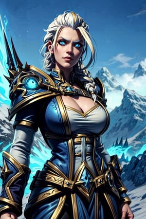 female mage, holding forstmourne smirk, becomes the (wowdk), sexy clothes, seductive
,giant mountain background,
glowing eyes,JainaProudmoore,wowdk