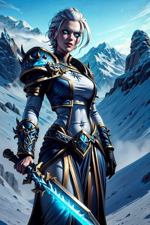 female mage, white hair, holding frostmourne sword, smirk, becomes the (wowdk), sexy clothes, seductive
,giant mountain background,
glowing eyes,JainaProudmoore,wowdk