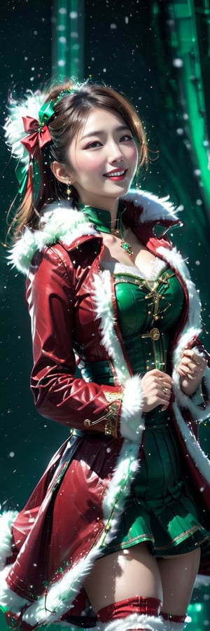 gorgeous korean woman with ((large breast)), red crop coat with white fur, green bow, red short skirt with white fur, solo, white stockings, steampunk GOLD trims, futuristic christmas elements, looking up at sky with joy and laughter catching snowflakes,  ambient atmosperic steam, dynamic lighting, more detail XL, snow falling
