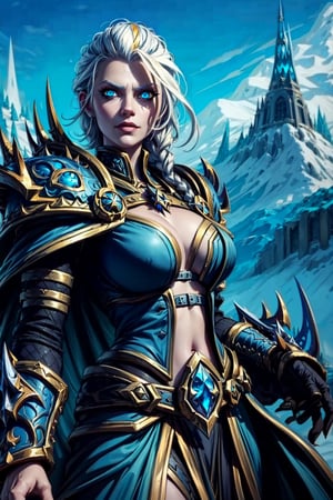 female mage, holding forstmourne smirk, becomes the lich king, sexy clothes, seductive
,giant mountain background
glowing eyes,JainaProudmoore