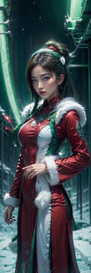 Side view of a gorgeous vietnamese woman with red crop coat with white fur, green bow, solo, white stockings, futuristic_aodai, looking up at viewer, ambient atmosperic steam, dynamic lighting, more detail XL, snow falling,Mechanical part,mecha,futuristic_aodai