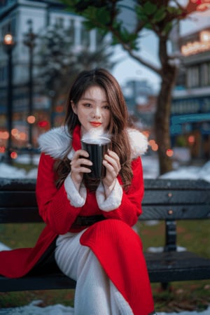 Gorgeous korean woman, sitting on bench huge breasts, red crop coat with white fur, green bow, red short skirt with white fur, solo, white stockings, christmas theme street after snowfall, sipping on hot coffee, steam from breath,  ,aodai