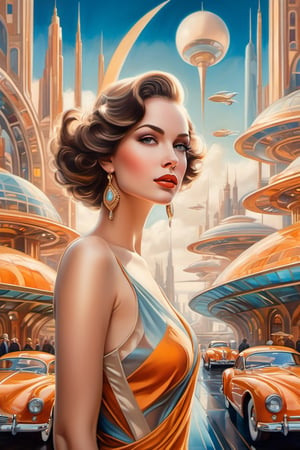 oil-painting, an extraordinary scene featuring a beautiful woman in a retro-futuristic cityscape inspired by the Art Deco era. Place the woman as the focal point amidst the dazzling architecture and flying vehicles of this stunning metropolis, photo realistic, fantasy, centered image, ultra detailed illustration, posing, (tetradic colors), whimsical, enchanting, fairy tale, (ink lines:1.1), strong outlines, art by MSchiffer, bold traces, unframed, high contrast, (cel-shaded:1.1), vector, 32k resolution, best quality, flat colors, flat lights. Art and mathematics fusion, hyper detailed, trending at artstation, sharp focus, studio photography, intricate detail, highly detailed, centered, perfect symmetrical,