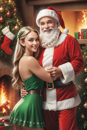 (Illustration of Santa Claus and beautiful elf woman:1.3), Realistic portrait, Amazing face and eyes, (Best Quality:1.4), (Ultra-detailed), (extremely detailed CG unified 8k wallpaper), Highly detailed, Christmas night, surrounded by warm light, smiling happily, Santa Claus brought many presents, white wallpaper, fireplace, Christmas, Christmas Ornaments, Christmas tree, the happiest time, highest image quality, highest resolution, depth of field,