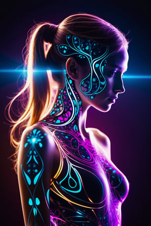 cinematic photo {thin, fine fractal glossy fluorescent colored ink sketch shiny contours outlines of a young female figure silhouette}, . 35mm photograph, film, bokeh, professional, 4k, highly detailed