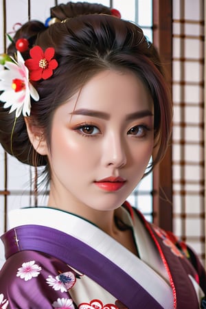 128k Female Models , Huge breasts, Eyes, ((Random Hair Styles)), High resolution , Upper body, No background, Studio Lightning , Beautiful Girl, Wearing kimono, Japan style, Sharaku,Portrait of a woman,her breasts visible.,It will be centered on the image, Some Japan effects and decorations scattered throughout the photo