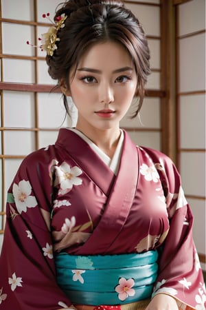 128k Female Models , Huge breasts, Eyes, ((Random Hair Styles)), High resolution , Upper body, No background, Studio Lightning , Beautiful Girl, Wearing kimono, Japan style, Sharaku,Portrait of a woman,her breasts visible.,It will be centered on the image, Some Japan effects and decorations scattered throughout the photo