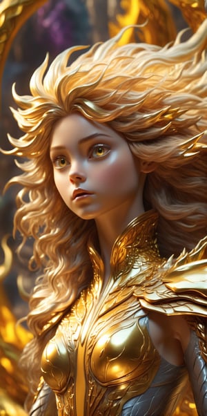 a dynamic wide shot showcasing the extraordinary athleticism of a teenage female superhero with lustrous golden hair, golden eyes. her skin-tight suit, crafted from flowing liquid gold, shimmers with rich textures, accentuating her powerful physique. the image is rendered in stunning 4k resolution, capturing every intricate detail with sharp focus. this photorealistic masterpiece combines elements of digital art and fantasy, reminiscent of the mesmerizing style seen in the iconic film, "the dark crystal." rich textures, wide shot, sharp focus, high detail, 4k, masterpiece, photo, digital art, fantasy, the dark crystal movie style, fantasy storybook illustration,full body,bare_legs,no socks cinematic, epic realism,8K, highly detailed, futuristic city, epic realism, surrealist style, fantastical, magical, unexpected, super detail, dreamy lo-fi photography, colorful,golden dragon