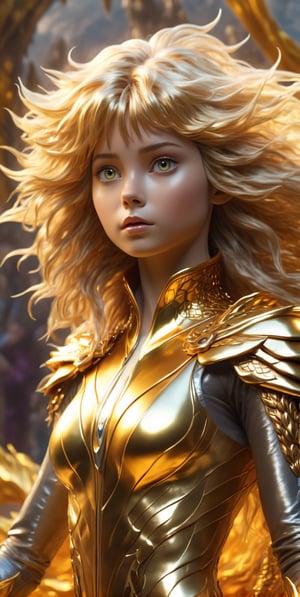 a dynamic wide shot showcasing the extraordinary athleticism of a teenage female superhero with lustrous golden hair, golden eyes. her skin-tight suit, crafted from flowing liquid gold, shimmers with rich textures, accentuating her powerful physique. the image is rendered in stunning 4k resolution, capturing every intricate detail with sharp focus. this photorealistic masterpiece combines elements of digital art and fantasy, reminiscent of the mesmerizing style seen in the iconic film, "the dark crystal." rich textures, wide shot, sharp focus, high detail, 4k, masterpiece, photo, digital art, fantasy, the dark crystal movie style, fantasy storybook illustration,full body,bare_legs,no socks cinematic, epic realism,8K, highly detailed, futuristic city, epic realism, surrealist style, fantastical, magical, unexpected, super detail, dreamy lo-fi photography, colorful,golden dragon