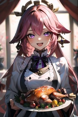 pink hair, purple_eyes, butler carries a plate of Thanksgiving turkey,yaemikodef, smile, open mouth