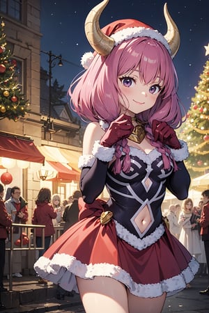 ((masterpiece, best quality, ultra-detailed, very fine 8KCG wallpapers)), 1girl, solo, kawaii, smile, medium breasts, santa, red beret, red bow ribbon, red gloves, red dress, red boots, santa girl costume, christmas, holy night, christmas decorations, christmas night, nice hands, perfect hands, horns,  pink hair,  long hair,  twin braids,  purple eyes,