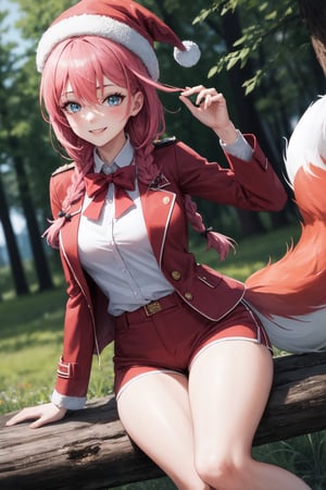 (masterpiece), (best quality), (extreme detailed), (absurdres), 8k, {1girl, mature female, {wearing white shirt, red tie, matching shorts, red and white sneakers, red trench coat, santa hat}, smile, happy}, (solo female), hiking, woods, lake, medium shot, curvy,  medium breasts, pink hair,  glittering blue eyes,  braid,  hair between eyes,  bow,  long hair,  side braid,  hair bow,  single braid,  fox ear,  fox tail,  fox girl,  tail,  animal tail,