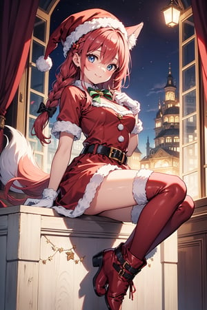 ((masterpiece, best quality, ultra-detailed, very fine 8KCG wallpapers)), 1girl, solo, kawaii, smile, medium breasts, santa, red beret, red bow ribbon, red gloves, red dress, red boots, santa girl costume, christmas, holy night, christmas decorations, christmas night, nice hands, perfect hands, pink hair,  blue eyes,  braid,  hair between eyes,  bow,  long hair,  side braid,  hair bow,  single braid,  fox ear,  fox tail,  fox girl,  tail,  animal tail,