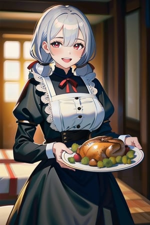 (masterpiece, best quality, extremely detailed), ray tracing, perfect illumination, 8k, ultra-detailed, HDR, absudres, high quality, looking at viewer, (illustration:1.35),

1girl, mature female, silver hair,  white hair,  red eyes,  very long twintails,  hair over the eye, white gothic lolita dress, long sleeves, curvy, large breasts, wide hips, smile, open mouth, upper teeth, sweet smile, holding turkey, turkey serving, eyepatch, 

kitchen, table, cookware, ,Thanksgiving turkey