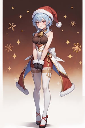  ((Perfect Human Anatomy)),  1girl, (Hands:1.1),  more detail, :), (((bare_arms))), (masterpiece,best quality,ultra_detailed,highres,absurdres:1.2), ((mtu virus)), 8k, full_body, better_hands, christmas_hat, santa_suit,   medium_breasts, santa_outfit, Santa Claus,standing, multicolor_hair,ganyudef