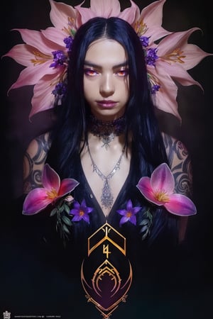 High Gothic Insanely detailed photograph of Asian goth beauty without clothes, front_view, big hips, thick_thighs, elegant waist chain, iridescent glowing tattoos, (radiant glowing [bioluminescent Flowers]:1.5), Flowers for hair, intricate, silver eyes, fantastical, hyperdetailed painting, 32k resolution concept art by Greg Rutkowski, Artgerm, WLOP, Alphonse Mucha dynamic lighting hyperdetailed intricately detailed Splash art trending on Artstation triadic colors Unreal Engine 5 volumetric lighting, (half body:1.0)