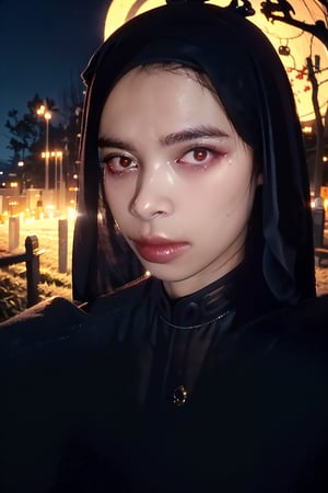 beautiful, film grain, 1girl, portrait of lolitagothic, long skirt, black dress, , ((best quality)), ((masterpiece)), ((realistic)), (detailed), dim light, bokeh, spookie night, blue fog, graveyard, cathedral,  orange light,lolitagothi,Nanaki Shinoda,horror,hijab