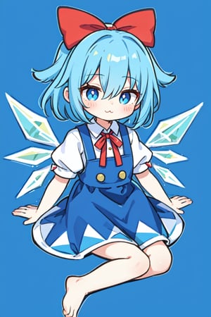 (Super Chibi) (Very Small Body),  (masterpiece,  best quality,  ultra-detailed,  8K),  AGGA_ST004,  cirno, full body, hair ribbon, dress, shirt, sitting, short sleeves, puffy sleeves, puffy short sleeves, blue hair, hair between eyes, blue eyes, :3, shoes, collared shirt, neck ribbon, blue dress, wings, bangs, ribbon, ice wings, white shirt, ice, pinafore dress, short hair, red ribbon, barefoot, bow, blue bow, hair bow