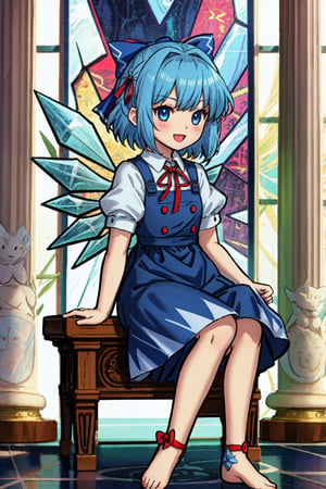 Chibi, guweiz style, FFIXBG, cirno, full body, hair ribbon, dress, shirt, sitting, short sleeves, puffy sleeves, puffy short sleeves, blue hair hair between eyes, blue eyes, :d, shoes, collared shirt, neck ribbon, blue dress, wings, bangs, ribbon, ice wings, white shirt, ice, pinafore dress, short hair, red ribbon, barefoot, bow, blue bow, hair bow,  (Masterpiece, best quality:1.3), highly detailed, fantasy, hyperrealistic, best illustration, 8k, ffixbg, dynamic view, cinematic, ultra-detailed, full background, stained glass, church, marble pillars, marble walls, indoors