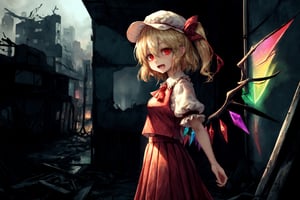 abandoned cityscape, overgrown, destroyed city, dystopian, eerie silence, flandre scarlet, ascot, blonde hair, puffy short sleeves, mob cap, red ribbon, white shirt, puffy sleeves, hat ribbon, bangs, long hair, wings, hat, white headwear, skirt, red vest, shirt, vest, short sleeves, red skirt, short hair, side ponytail, skirt set, crystal, hair between eyes, one side up, red eyes, bow, fang, ribbon, frills