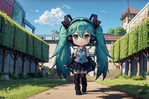 Chibi, guweiz style, FFIXBG, hatsune miku, headphones, blue hair, boots, green eyes, long hair, hair between eyes, dynamic pose, pleated skirt, bare shoulders, headset, dress, aqua eyes, zettai ryouiki, thighhighs, hair ornament, blue eyes, shirt very long hair, aqua hair, skirt, nail polish, sleeveless shirt, detached sleeves, twintails, necktie, green hair, bangs, black skirt, sleeveless,  (Masterpiece, best quality:1.3), highly detailed, fantasy, hyperrealistic, best illustration, 8k, ffixbg, dynamic view, cinematic, ultra-detailed, full background, outdoors, castle, stairs, hedges, hedge, grass, ice sculptures, outdoors