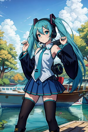 Chibi, guweiz style, FFIXBG, hatsune miku, headphones, blue hair, boots, green eyes, long hair, hair between eyes, dynamic pose, pleated skirt, bare shoulders, headset, dress, aqua eyes, zettai ryouiki, thighhighs, hair ornament, blue eyes, shirt very long hair, aqua hair, skirt, nail polish, sleeveless shirt, detached sleeves, twintails, necktie, green hair, bangs, black skirt, sleeveless,  (Masterpiece, best quality:1.3), highly detailed, fantasy, hyperrealistic, best illustration, 8k, ffixbg, dynamic view, cinematic, ultra-detailed, full background, in a boat on a river, water, sailboat
