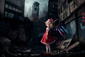 abandoned cityscape, overgrown, destroyed city, dystopian, eerie silence, flandre scarlet, ascot, blonde hair, puffy short sleeves, mob cap, red ribbon, white shirt, puffy sleeves, hat ribbon, bangs, long hair, wings, hat, white headwear, skirt, red vest, shirt, vest, short sleeves, red skirt, short hair, side ponytail, skirt set, crystal, hair between eyes, one side up, red eyes, bow, fang, ribbon, frills