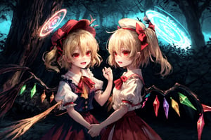 mystical magical forest, magical creatures, glowing magic circles, ethereal beauty, flandre scarlet, ascot, blonde hair, puffy short sleeves, mob cap, red ribbon, white shirt, puffy sleeves, hat ribbon, bangs, long hair, wings, hat, white headwear, skirt, red vest, shirt, vest, short sleeves, red skirt, short hair, side ponytail, skirt set, crystal, hair between eyes, one side up, red eyes, bow, fang, ribbon, frills