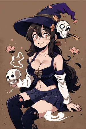 witch hat, halloween, sitting, brown theme, traditional media, sepia, mask, ghost, skeleton, 1girl, skull, yamato \(kancolle\), collarbone, detached sleeves, hair between eyes, hair flower, thighhighs, hair ornament, red eyes, hair intakes, ponytail, petals, miniskirt single thighhigh, flower, cherry blossoms, navel, brown hair, pleated skirt, sidelocks, skirt, very long hair, alternate costume, headgear, bare shoulders, brown eyes, long hair, large breasts