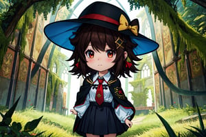 Chibi, guweiz style, FFIXBG, usami renko, black capelet, book, hat bow, hair ribbon, collared shirt, ribbon, closed mouth, black hair, bow, brown eyes, hat, necktie, skirt, white shirt, hair between eyes, black skirt, upper body, capelet, fedora, red necktie, brown hair, bangs, long sleeves, black headwear, shirt, short hair, hat ribbon, white bow hair bow, (Masterpiece, best quality:1.3), highly detailed, fantasy, hyperrealistic, best illustration, 8k, ffixbg, dynamic view, cinematic, ultra-detailed, full background, church, overgrown, vines, outdoors, moss, algae, dystopian, stained glass