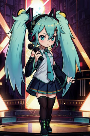 Chibi, guweiz style, FFIXBG, hatsune miku, headphones, blue hair, boots, green eyes, long hair, hair between eyes, dynamic pose, pleated skirt, bare shoulders, headset, dress, aqua eyes, zettai ryouiki, thighhighs, hair ornament, blue eyes, shirt very long hair, aqua hair, skirt, nail polish, sleeveless shirt, detached sleeves, twintails, necktie, green hair, bangs, black skirt, sleeveless,  (Masterpiece, best quality:1.3), highly detailed, fantasy, hyperrealistic, best illustration, 8k, ffixbg, dynamic view, cinematic, ultra-detailed, full background, stage, microphone, neon lights, stage lights, indoors, idol