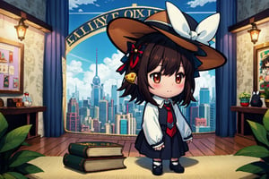 Chibi, guweiz style, FFIXBG, usami renko, black capelet, book, hat bow, hair ribbon, collared shirt, ribbon, closed mouth, black hair, bow, brown eyes, hat, necktie, skirt, white shirt, hair between eyes, black skirt, upper body, capelet, fedora, red necktie, brown hair, bangs, long sleeves, black headwear, shirt, short hair, hat ribbon, white bow hair bow, (Masterpiece, best quality:1.3), highly detailed, fantasy, hyperrealistic, best illustration, 8k, ffixbg, dynamic view, cinematic, ultra-detailed, full background, a bedroom full of plushies, plushies, fumo plushies, toys, bed, pillows, comfy atmosphere