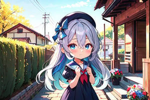 night, (dark environment), Highly detailed, High Quality, Masterpiece, beautiful, solo, 1girl, (chibi:1.2), front yard bliss, in front of a house, neighborhood, outdoors, well-manicured lawn, colorful flowers, welcoming home, ;), kamishirasawa keine, bow, blue hair, white hair, hair between eyes, shirt, neckerchief, blue dress, ribbon, collarbone, bangs, multicolored hair, upper body, two-tone hair, long hair, blue headwear, grey hair, short sleeves, hat, dress, red eyes puffy short sleeves, blue eyes, puffy sleeves, very long hair