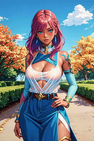 guweiz style, FFIXBG, (vi \(league of legends\):1.3), blushing, gauntlets, collarbone, nose piercing piercing, blue eyes, lips, jacket, facial tattoo, earrings, pink hair, long hair, tattoo, belt, armor, navel, bangs, alternate costume, jewelry, standing, upper body, red hair, ear piercing, short hair, 1girl, solo, (dark-skinned female, dark skin:1.3), long hair, hands on hips, jewelry, breasts, blue eyes, armlet, (thick thighs:1.2), looking at viewer, standing, pelvic curtain, full body, bare shoulders, hair between eyes, closed mouth, multicolored hair, bracelet, day, shiny skin, sidelocks, no panties, shiny, earrings, bangs, two-tone hair, outdoors, sideboob, thighs, sky, blue sky, (Masterpiece, best quality:1.3), highly detailed, fantasy, hyperrealistic, best illustration, 8k, ffixbg, dynamic view, cinematic, ultra-detailed, full background, autumn leaves, orange trees, park, bench, trash can, leaves on ground, outdoors