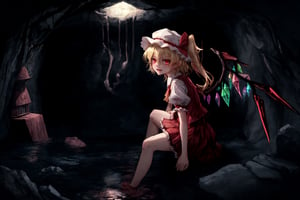 a dark cave, empty, dust, damp, dimly lit, mysterious depths, flandre scarlet, ascot, blonde hair, puffy short sleeves, mob cap, red ribbon, white shirt, puffy sleeves, hat ribbon, bangs, long hair, wings, hat, white headwear, skirt, red vest, shirt, vest, short sleeves, red skirt, short hair, side ponytail, skirt set, crystal, hair between eyes, one side up, red eyes, bow, fang, ribbon, frills