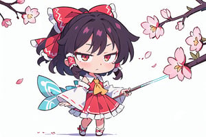 Highly detailed, High Quality, Masterpiece, beautiful, solo, 1girl, (chibi:1.2), white background, simple background, petals, cherry blossoms, leaf, wind, sunrise, sunlight, sidelighting, good lighting, masterpiece, best quality, detailed background, scenery, cyan theme, blue theme, purple, purple theme, green theme, bioluminescence, neon, purple theme, golden hour, hakurei reimu, red bow, yellow ascot, bare shoulders, ribbon trim, skirt set, detached sleeves, ribbon, hair tubes, brown hair, black hair, brown eyes, sidelocks, hair bow, gohei, bow, long hair, bangs, skirt, navel, ribbon-trimmed sleeves, frilled bow, red skirt, long sleeves, frills, shirt short hair, red eyes, ascot, wide sleeves