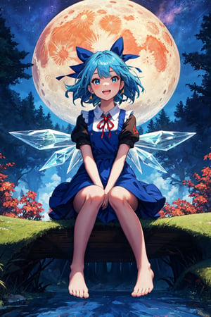 guweiz style, FFIXBG, cirno, full body, hair ribbon, dress, shirt, sitting, short sleeves, puffy sleeves, puffy short sleeves, blue hair hair between eyes, blue eyes, :d, shoes, collared shirt, neck ribbon, blue dress, wings, bangs, ribbon, ice wings, white shirt, ice, pinafore dress, short hair, red ribbon, barefoot, bow, blue bow, hair bow,  (Masterpiece, best quality:1.3), highly detailed, fantasy, hyperrealistic, best illustration, 8k, ffixbg, dynamic view, cinematic, ultra-detailed, full background, fantasy, illustration, night sky, forest, tree, path, grass, scenery, beautiful, (shiny), UHDR, various colors, (details:1.2), extremely detailed, (shimmer:0.5), colorful, ethereal, dreamy, vanishing (line:0.4), amazing composition, (moon), stars