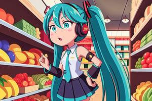 (Masterpiece, best quality:1.3), highly detailed, fantasy, hyperrealistic, best illustration, 8k, dynamic view, cinematic, Navigate the aisles of a busy supermarket, filled with shelves stocked with a variety of food, vegetables, and fruit.
lasterk, RETRO ARTSTYLE, black eyes, hungry clicker style, digital painting, kawaii, accessories, cutesy, Chibi, guweiz style, FFIXBG, hatsune miku, headphones, blue hair, boots, green eyes, long hair, hair between eyes, pleated skirt, bare shoulders, headset, dress, aqua eyes, zettai ryouiki, thighhighs, hair ornament, blue eyes, shirt very long hair, aqua hair, skirt, nail polish, sleeveless shirt, detached sleeves, twintails, necktie, green hair, bangs, black skirt, sleeveless