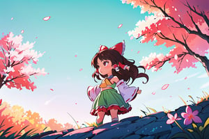 night, (dark environment), Highly detailed, High Quality, Masterpiece, beautiful, solo, 1girl, (chibi:1.2), white background, simple background, petals, cherry blossoms, leaf, wind, sunrise, sunlight, sidelighting, good lighting, masterpiece, best quality, detailed background, scenery, cyan theme, blue theme, purple, purple theme, green theme, bioluminescence, neon, purple theme, golden hour, hakurei reimu, red bow, yellow ascot, bare shoulders, ribbon trim, skirt set, detached sleeves, ribbon, hair tubes, brown hair, black hair, brown eyes, sidelocks, hair bow, gohei, bow, long hair, bangs, skirt, navel, ribbon-trimmed sleeves, frilled bow, red skirt, long sleeves, frills, shirt short hair, red eyes, ascot, wide sleeves