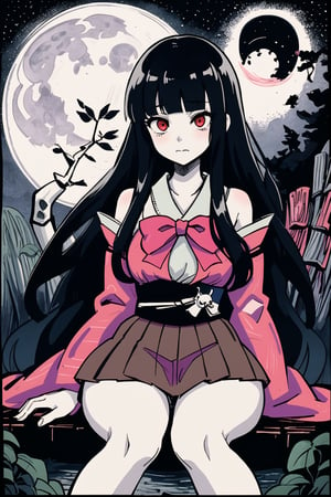 skeleton, tree, 1girl, greyscale, skull, solo, nature, long hair, bone, traditional media, plant, forest, horror \(theme\), houraisan kaguya, bow, black hair, pink shirt, moon, night, bowtie, closed mouth shirt, hime cut, jeweled branch of hourai, bangs, long hair, full moon, red skirt, kimono, branch, blunt bangs, bamboo, white bow, upper body, frills, skirt, wide sleeves, long sleeves, red eyes, brown eyes, sitting, very long hair, japanese clothes