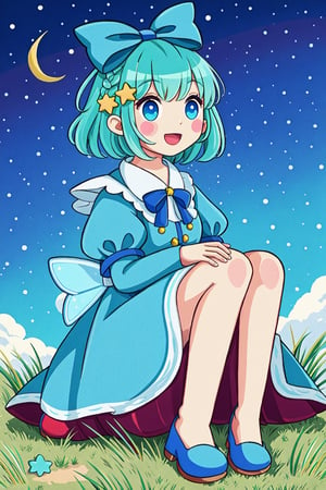 kawaii, accessories, cutesy, Chibi, guweiz style, FFIXBG, cirno, full body, hair ribbon, dress, shirt, sitting, short sleeves, puffy sleeves, puffy short sleeves, blue hair hair between eyes, blue eyes, :d, shoes, collared shirt, neck ribbon, blue dress, wings, bangs, ribbon, ice wings, white shirt, ice, pinafore dress, short hair, red ribbon, barefoot, bow, blue bow, hair bow,  (Masterpiece, best quality:1.3), highly detailed, fantasy, hyperrealistic, best illustration, 8k, ffixbg, dynamic view, cinematic, ultra-detailed, full background, fantasy, illustration, night sky, winter, log cabin, grass, scenery, beautiful, (shiny), UHDR, various colors, (details:1.2), extremely detailed, (shimmer:0.5), colorful, ethereal, dreamy, vanishing (line:0.4), amazing composition, (starry sky), stars,FFIXBG