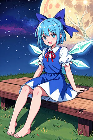 FFIXBG, cirno, full body, hair ribbon, dress, shirt, sitting, short sleeves, puffy sleeves, puffy short sleeves, blue hair hair between eyes, blue eyes, :d, shoes, collared shirt, neck ribbon, blue dress, wings, bangs, ribbon, ice wings, white shirt, ice, pinafore dress, short hair, red ribbon, barefoot, bow, blue bow, hair bow,  (Masterpiece, best quality:1.3), highly detailed, fantasy, hyperrealistic, best illustration, 8k, ffixbg, dynamic view, cinematic, ultra-detailed, full background, fantasy, illustration, night sky, forest, tree, path, grass, scenery, beautiful, (shiny), UHDR, various colors, (details:1.2), extremely detailed, (shimmer:0.5), colorful, ethereal, dreamy, vanishing (line:0.4), amazing composition, (moon), stars