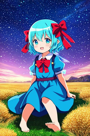 cutesy, Chibi, guweiz style, FFIXBG, cirno, full body, hair ribbon, dress, shirt, sitting, short sleeves, puffy sleeves, puffy short sleeves, blue hair hair between eyes, blue eyes, :d, shoes, collared shirt, neck ribbon, blue dress, wings, bangs, ribbon, ice wings, white shirt, ice, pinafore dress, short hair, red ribbon, barefoot, bow, blue bow, hair bow,  (Masterpiece, best quality:1.3), highly detailed, fantasy, hyperrealistic, best illustration, 8k, ffixbg, dynamic view, cinematic, ultra-detailed, full background, fantasy, illustration, night sky, winter, log cabin, grass, scenery, beautiful, (shiny), UHDR, various colors, (details:1.2), extremely detailed, (shimmer:0.5), colorful, ethereal, dreamy, vanishing (line:0.4), amazing composition, (starry sky), stars