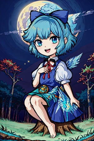 Chibi, guweiz style, FFIXBG, cirno, full body, hair ribbon, dress, shirt, sitting, short sleeves, puffy sleeves, puffy short sleeves, blue hair hair between eyes, blue eyes, :d, shoes, collared shirt, neck ribbon, blue dress, wings, bangs, ribbon, ice wings, white shirt, ice, pinafore dress, short hair, red ribbon, barefoot, bow, blue bow, hair bow,  (Masterpiece, best quality:1.3), highly detailed, fantasy, hyperrealistic, best illustration, 8k, ffixbg, dynamic view, cinematic, ultra-detailed, full background, fantasy, illustration, night sky, forest, tree, path, grass, scenery, beautiful, (shiny), UHDR, various colors, (details:1.2), extremely detailed, (shimmer:0.5), colorful, ethereal, dreamy, vanishing (line:0.4), amazing composition, (moon), stars,FFIXBG