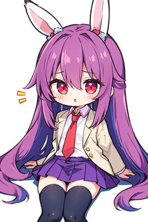 (Super Chibi) (Very Small Body),  (masterpiece,  best quality,  ultra-detailed,  8K),  cartoon, AGGA_ST004,  reisen udongein inaba, long sleeves, sitting, blazer, light purple hair, red eyes, open clothes, very long hair, jacket, skirt, navel, purple hair, white shirt, hair between eyes, shirt, collared shirt, animal ears, long hair, thighhighs rabbit ears, red necktie, rabbit tail, bangs, pleated skirt, pink skirt, necktie, black thighhighs tail