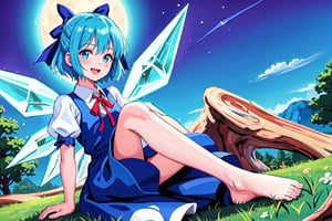 FFIXBG, cirno, full body, hair ribbon, dress, shirt, sitting, short sleeves, puffy sleeves, puffy short sleeves, blue hair hair between eyes, blue eyes, :d, shoes, collared shirt, neck ribbon, blue dress, wings, bangs, ribbon, ice wings, white shirt, ice, pinafore dress, short hair, red ribbon, barefoot, bow, blue bow, hair bow,  (Masterpiece, best quality:1.3), highly detailed, fantasy, hyperrealistic, best illustration, 8k, ffixbg, dynamic view, cinematic, ultra-detailed, full background, fantasy, illustration, night sky, forest, tree, path, grass, scenery, beautiful, (shiny), UHDR, various colors, (details:1.2), extremely detailed, (shimmer:0.5), colorful, ethereal, dreamy, vanishing (line:0.4), amazing composition, (moon), stars