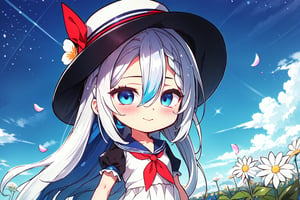 night, (dark environment), Highly detailed, High Quality, Masterpiece, beautiful, solo, 1girl, (chibi:1.2), field of flowers, sunrays, godrays, vibrant blossoms, tranquil meadow, :), kamishirasawa keine, bow, blue hair, white hair, hair between eyes, shirt, neckerchief, blue dress, ribbon, collarbone, bangs, multicolored hair, upper body, two-tone hair, long hair, blue headwear, grey hair, short sleeves, hat, dress, red eyes puffy short sleeves, blue eyes, puffy sleeves, very long hair