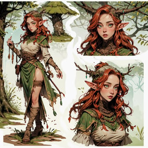 DnD Druid Class, 1girl, elf, (((sexy women))), ginger hair, green eyes, The perfect choice for a captivating wallpaper, ultra HD, detailed body, full body, detailed hands, detailed face, detailed eyes, CharacterSheet, multiple views, full body, upper body, reference sheet:1, forest background, 